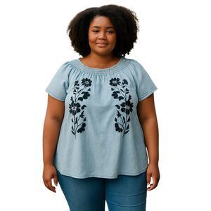 NEW Love Tree Plus Size 1X Blue Cotton Blouse Embroidered On & Off Shoulder